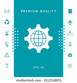 Globe of the Earth inside a gear or cog, setting parameters, Global Options icon. Graphic elements for your design