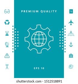 Globe of the Earth inside a gear or cog, setting parameters, Global Options - line icon. Graphic elements for your design
