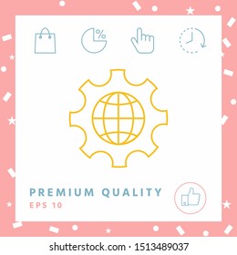 Globe of the Earth inside a gear or cog, setting parameters, Global Options - line icon. Graphic elements for your design