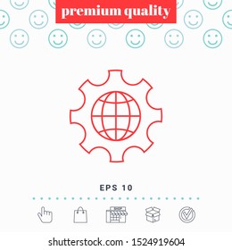 Globe of the Earth inside a gear or cog, setting parameters, Global Options - line icon. Graphic elements for your design