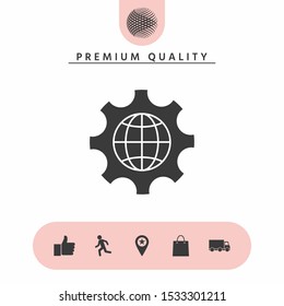 Globe of the Earth inside a gear or cog, setting parameters, Global Options icon. Graphic elements for your design
