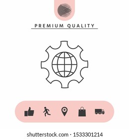 Globe of the Earth inside a gear or cog, setting parameters, Global Options - line icon. Graphic elements for your design