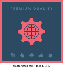 Globe of the Earth inside a gear or cog, setting parameters, Global Options icon. Graphic elements for your design