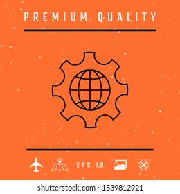 Globe of the Earth inside a gear or cog, setting parameters, Global Options - line icon. Graphic elements for your design