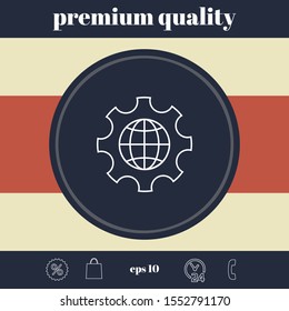 Globe of the Earth inside a gear or cog, setting parameters, Global Options - line icon. Graphic elements for your design