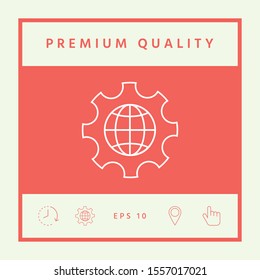 Globe of the Earth inside a gear or cog, setting parameters, Global Options - line icon. Graphic elements for your design