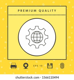 Globe of the Earth inside a gear or cog, setting parameters, Global Options - line icon. Graphic elements for your design