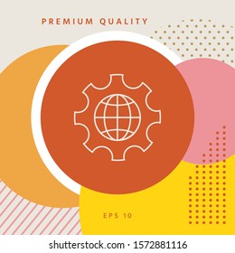 Globe of the Earth inside a gear or cog, setting parameters, Global Options - line icon. Graphic elements for your design
