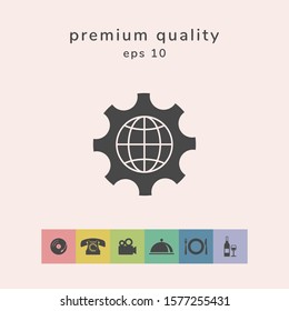Globe of the Earth inside a gear or cog, setting parameters, Global Options icon. Graphic elements for your design