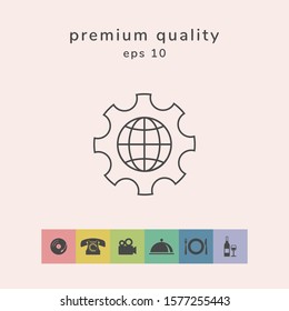 Globe of the Earth inside a gear or cog, setting parameters, Global Options - line icon. Graphic elements for your design