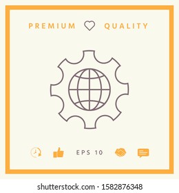 Globe of the Earth inside a gear or cog, setting parameters, Global Options - line icon. Graphic elements for your design
