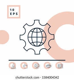 Globe of the Earth inside a gear or cog, setting parameters, Global Options - line icon. Graphic elements for your design