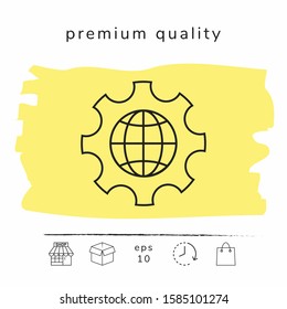 Globe of the Earth inside a gear or cog, setting parameters, Global Options - line icon. Graphic elements for your design