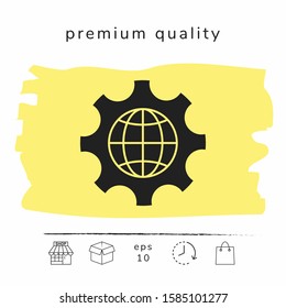 Globe of the Earth inside a gear or cog, setting parameters, Global Options icon. Graphic elements for your design
