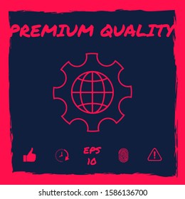 Globe of the Earth inside a gear or cog, setting parameters, Global Options - line icon. Graphic elements for your design