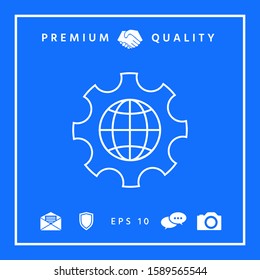 Globe of the Earth inside a gear or cog, setting parameters, Global Options - line icon. Graphic elements for your design