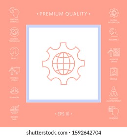 Globe of the Earth inside a gear or cog, setting parameters, Global Options - line icon. Graphic elements for your design