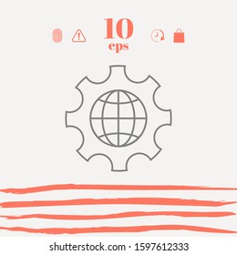 Globe of the Earth inside a gear or cog, setting parameters, Global Options - line icon. Graphic elements for your design