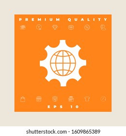 Globe of the Earth inside a gear or cog, setting parameters, Global Options icon. Graphic elements for your design