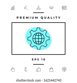 Globe of the Earth inside a gear or cog, setting parameters, Global Options - line icon. Graphic elements for your design