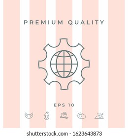 Globe of the Earth inside a gear or cog, setting parameters, Global Options - line icon. Graphic elements for your design