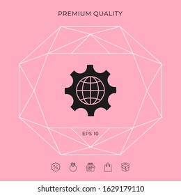 Globe of the Earth inside a gear or cog, setting parameters, Global Options icon. Graphic elements for your design