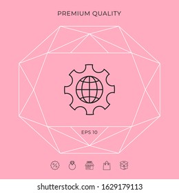 Globe of the Earth inside a gear or cog, setting parameters, Global Options - line icon. Graphic elements for your design