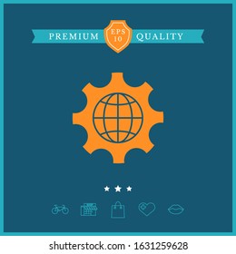 Globe of the Earth inside a gear or cog, setting parameters, Global Options icon. Graphic elements for your design