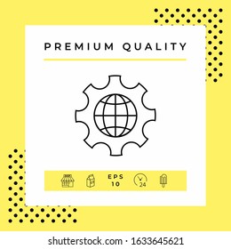 Globe of the Earth inside a gear or cog, setting parameters, Global Options - line icon. Graphic elements for your design