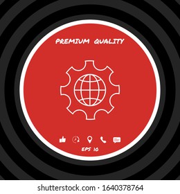 Globe of the Earth inside a gear or cog, setting parameters, Global Options - line icon. Graphic elements for your design