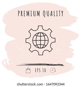 Globe of the Earth inside a gear or cog, setting parameters, Global Options - line icon. Graphic elements for your design