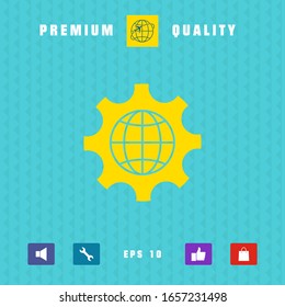 Globe of the Earth inside a gear or cog, setting parameters, Global Options icon. Graphic elements for your design