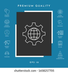 Globe of the Earth inside a gear or cog, setting parameters, Global Options - line icon. Graphic elements for your design