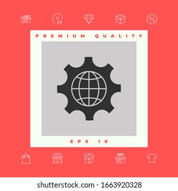 Globe of the Earth inside a gear or cog, setting parameters, Global Options icon. Graphic elements for your design