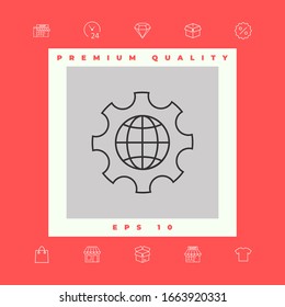 Globe of the Earth inside a gear or cog, setting parameters, Global Options - line icon. Graphic elements for your design