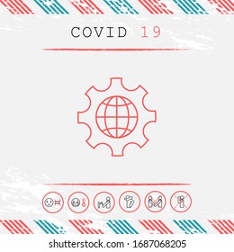 Globe of the Earth inside a gear or cog, setting parameters, Global Options - line icon. Graphic elements for your design