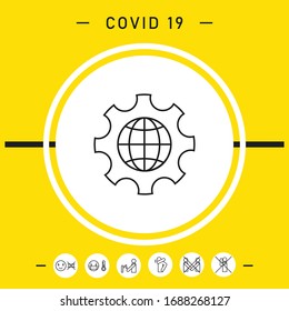 Globe of the Earth inside a gear or cog, setting parameters, Global Options - line icon. Graphic elements for your design