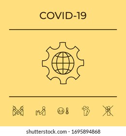 Globo de la Tierra dentro de un engranaje o cog, ajuste parámetros, Opciones globales - icono de línea. Elementos gráficos para el diseño