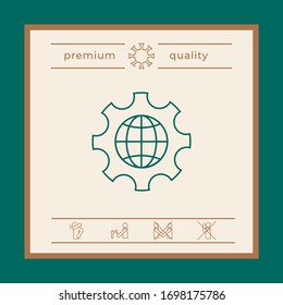 Globe of the Earth inside a gear or cog, setting parameters, Global Options - line icon. Graphic elements for your design