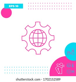 Globe of the Earth inside a gear or cog, setting parameters, Global Options - line icon. Graphic elements for your design