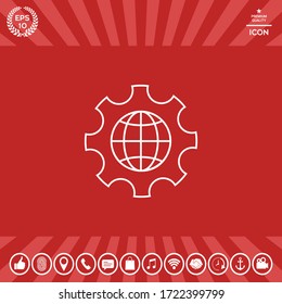 Globe of the Earth inside a gear or cog, setting parameters, Global Options - line icon. Graphic elements for your design