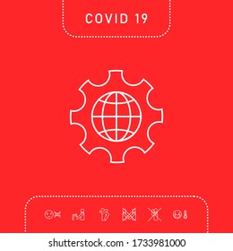 Globo de la Tierra dentro de un engranaje o cog, parámetros de ajuste, Opciones globales - icono de línea. Elementos gráficos para su diseño