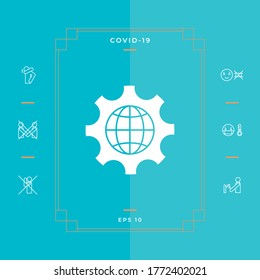 Globe of the Earth inside a gear or cog, setting parameters, Global Options icon. Graphic elements for your design