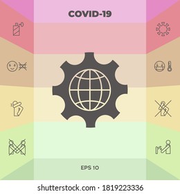 Globe of the Earth inside a gear or cog, setting parameters, Global Options icon. Graphic elements for your design