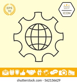 Globe of the Earth inside a gear or cog, setting parameters, Global Options - line icon