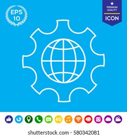 Globe of the Earth inside a gear or cog, setting parameters, Global Options - line icon