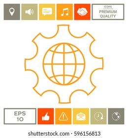 Globe of the Earth inside a gear or cog, setting parameters, Global Options - line icon