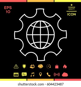 Globe of the Earth inside a gear or cog, setting parameters, Global Options - line icon