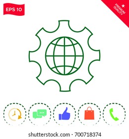 Globe of the Earth inside a gear or cog, setting parameters, Global Options - line icon