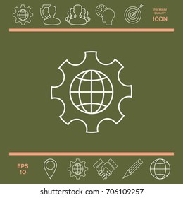 Globe of the Earth inside a gear or cog, setting parameters, Global Options - line icon